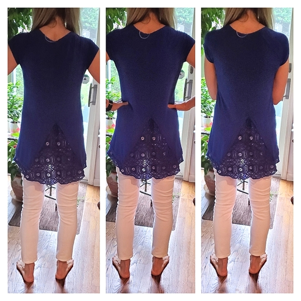 🍒Anthropologie Lace Edge Bordeaux Blue Tunic Top CYA